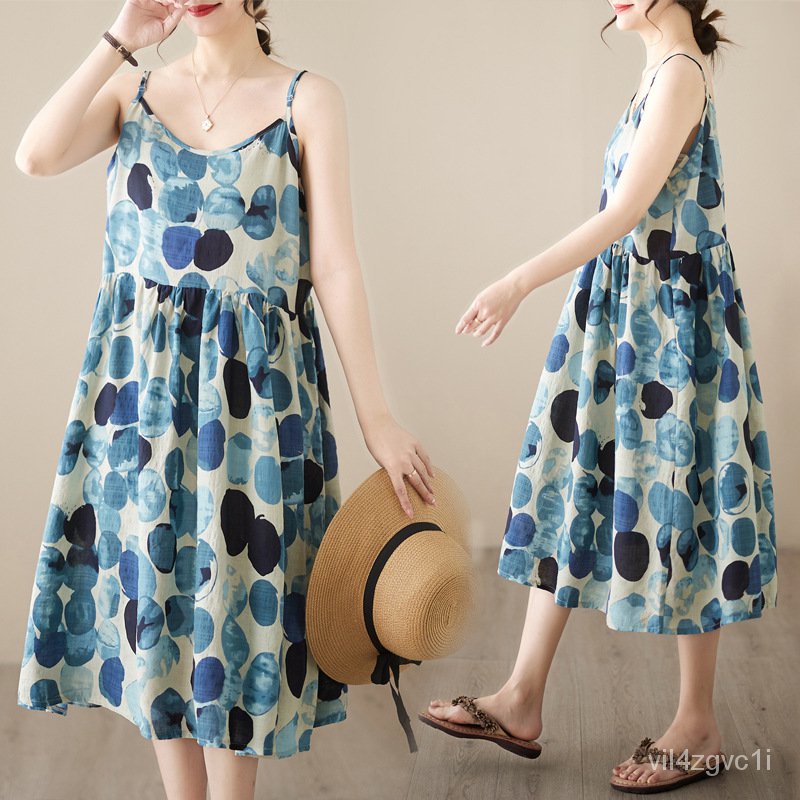 Ramie Sleeveless Dress Women's Summer European Station Retro Big Polka Dot Linen Underwear Long Dres