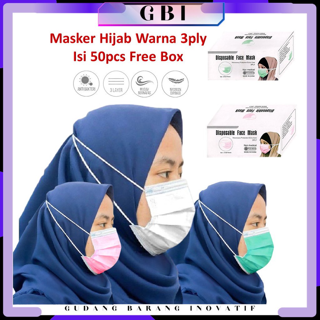 GBI Masker Hijab Warna Warni 3Ply Mask Headlood Isi 50 Pcs Facemask Kesehatan 3 Ply Dengan Box