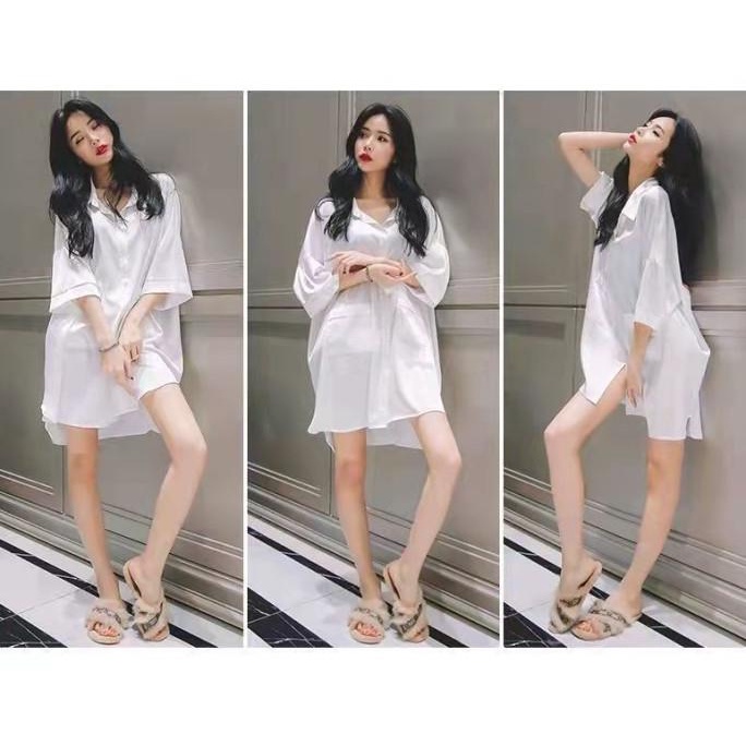 Berkualitas Piyama baju tidur putih kemeja Dress panjang sexy bahan Chiffon ,,
