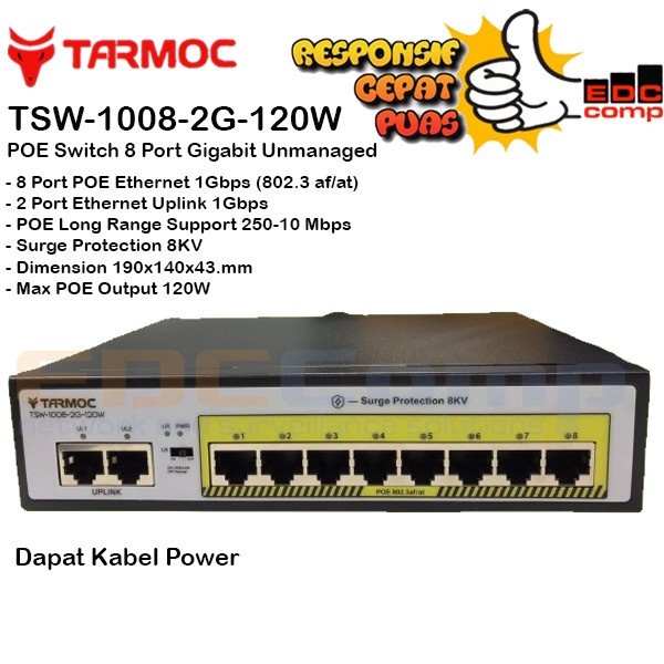 TARMOC TSW-1008-2G-120W, 8 PORT GIGABIT POE 802.3AF/AT POE SWITCH 120W