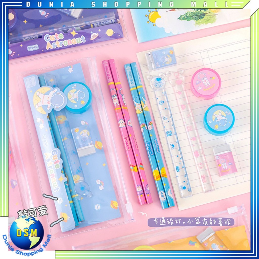 

DSM Alat Tulis Set Mini Anak Sekolah Penghapus Penggaris Pensil Serutan Stationary Set Alat Tulis 5 In 1 Karakter Lucu Warna-Warni Astronot Stationary