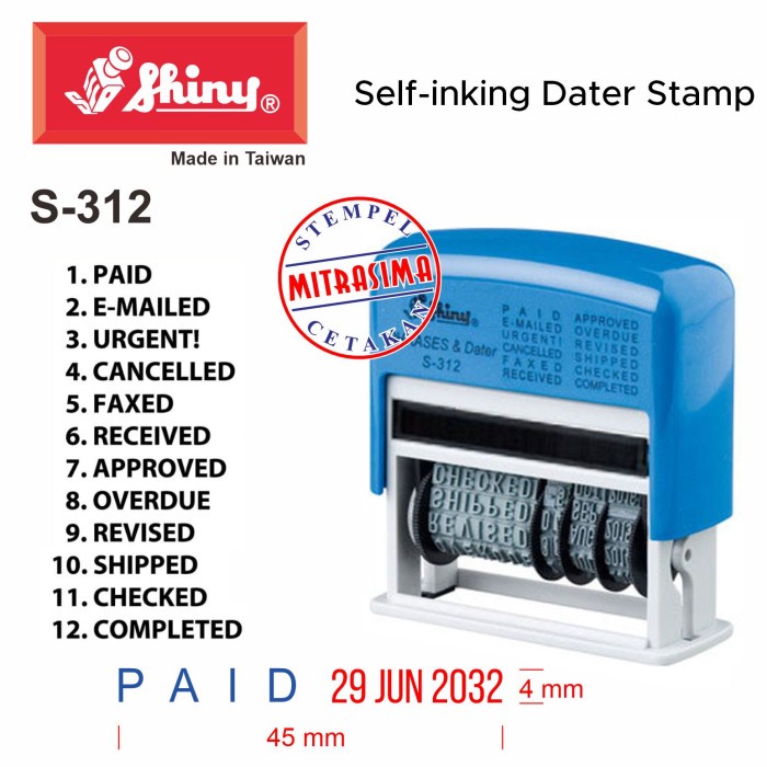 

Stempel Shiny S-312 ( Phrase Dater Aneka Tulisan S312 Tipe S 312 )