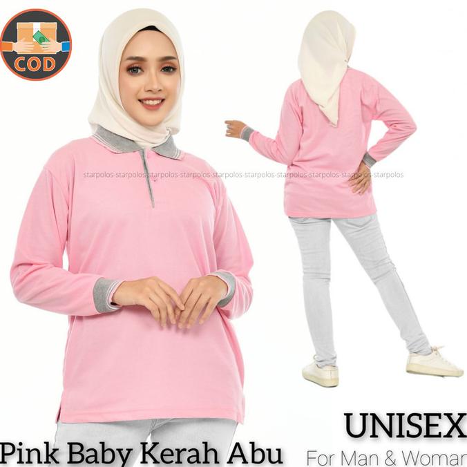 Kaos Kerah Polo Shirt Lengan Panjang Wanita Pink Kerah Abu/ Pink Baby