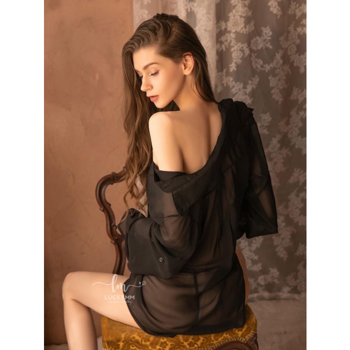 BISA COD - SEXY LINGERIE KEMEJA TRANSPARAN BAJU TIDUR SEXY WANITA KEMEJA PUTIH 09