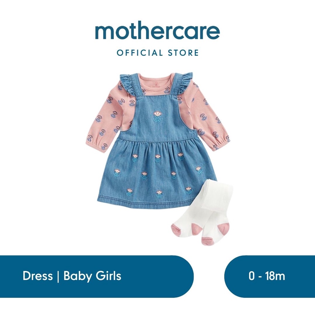 Mothercare Denim Pinny Dress, Bodysuit and Tights Set - Dress Bayi Perempuan (Biru)