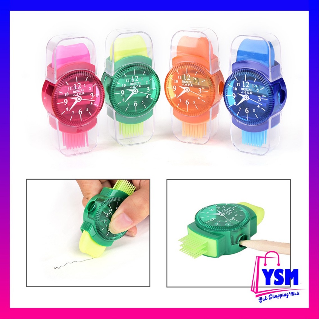 

YSM Rautan Pensil Manual dengan Penghapus dan Sikat Pembersih Model Jam Tangan Multifungsi Serutan Pensil Mekanis 3in1 Warna-Warni untuk Perlengkapan Sekolah Anak-anak