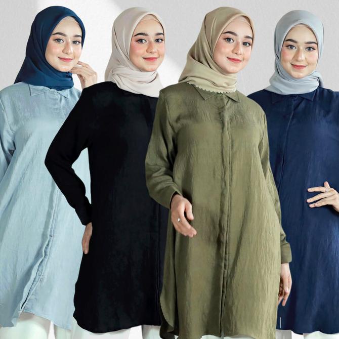 Kemeja Long Tunik Rayon Pleats Wanita Premium Premium Berkualitas