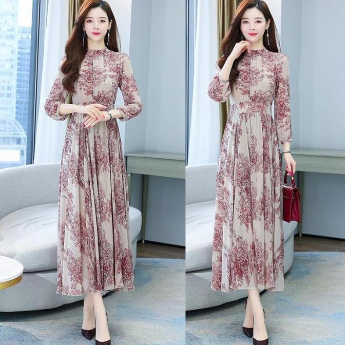Ready Amalia Dress Maxi Wanita Sifon Motif Bunga Import Pengiriman Cepat