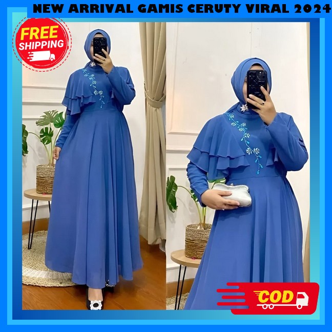 Dress Remaja Kekinian Muslim Korea Dres Ceruty Motif Bunga Gamia Syari Tterbaru Baju Gamis Wanita Te