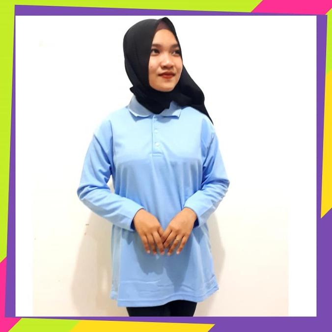 Baju Kaos Kerah Polos Panjang Wanita - Biru Muda