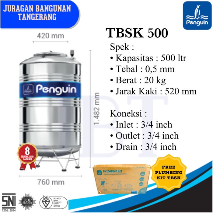 Asli Toren / Tangki Air Penguin Stainless 500 Liter - Tbsk 500 Original