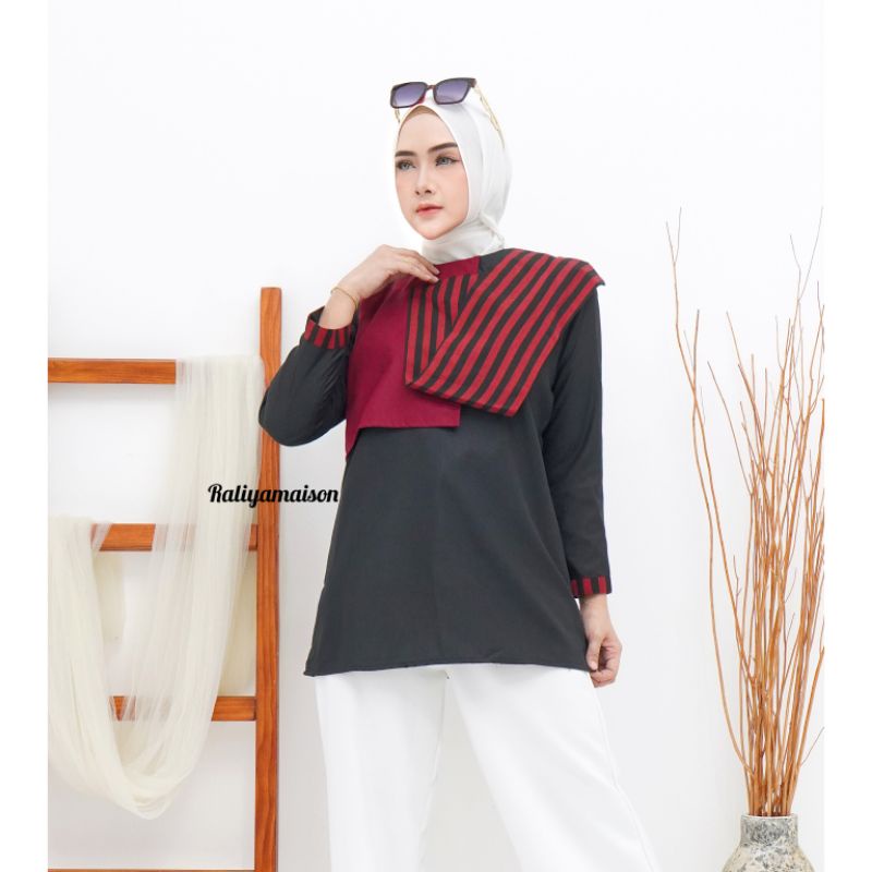 BLOUSE LURIK | BLOUSE LURIK KOMBINASI | BLOUSE LURIK WANITA MODERN | RENJI BLOUSE MAROON | RALIYA MA