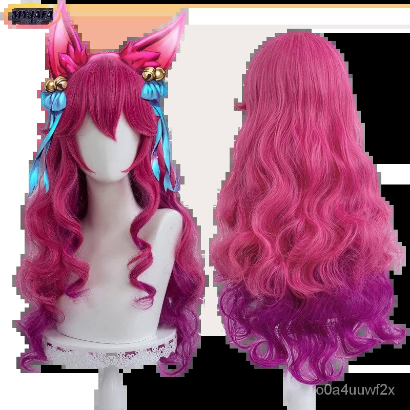 Spirit Blossom Ahri Cosplay Wig LOL Cosplay 70cm Long Curly Wavy Heat Resistant Synthetic Hair Game 