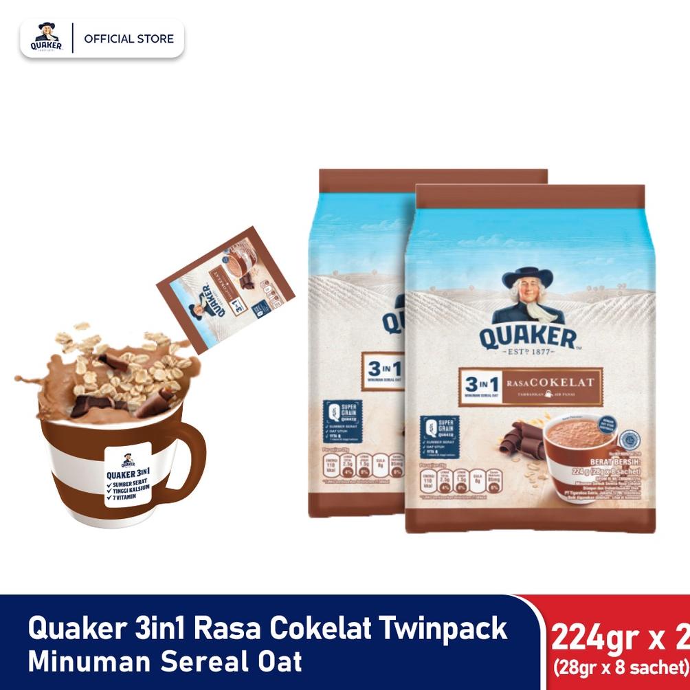 

Ready Quaker 3in1 Chocolate Polybag 224g Minuman Sereal Oats (Isi 8 sachet) x2