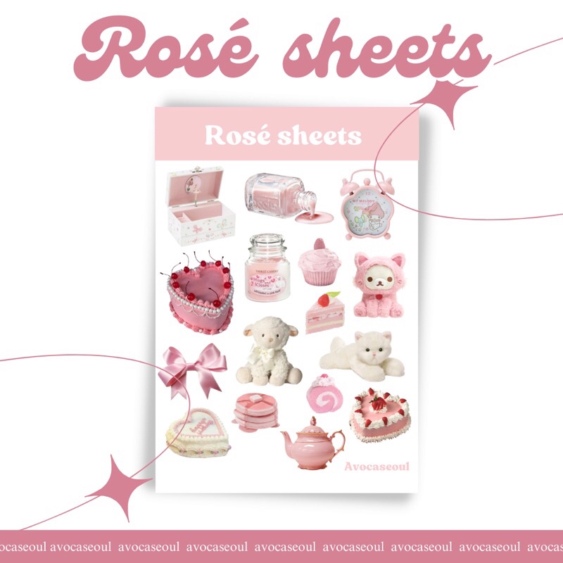 

sticker sheet rosé sheets aesthetic ins korea untuk dekorasi scrapbook, deco pola, journaling, phonecase, headphone, stiker lucu