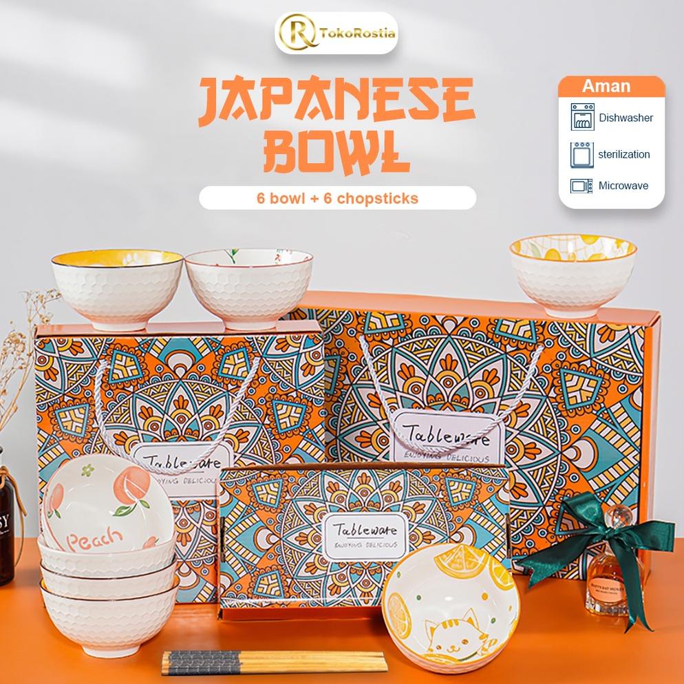 Mangkok Jepang Bohemian Keramik dan Sumpit Set 6 Hampers