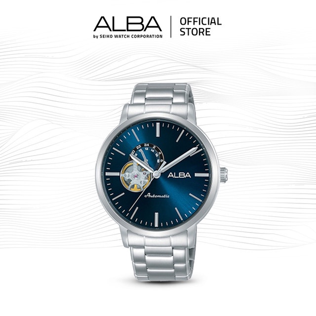 Alba Mechanical Jam Tangan Pria Open Heart A9A005 / A9A005X1 Automatic Dark Blue Navy Dial Stainless