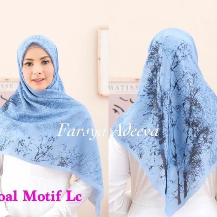 Ready Hijab Segi Empat Voal Motif Ranting Biru Muda Kerudung Jilbab Murah Pengiriman Cepat