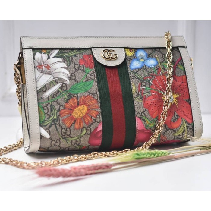 ✅New Gucci Ophidia Small Flora Chain Shoulder Bag Sz : 26/25X18X8 Cm Berkualitas