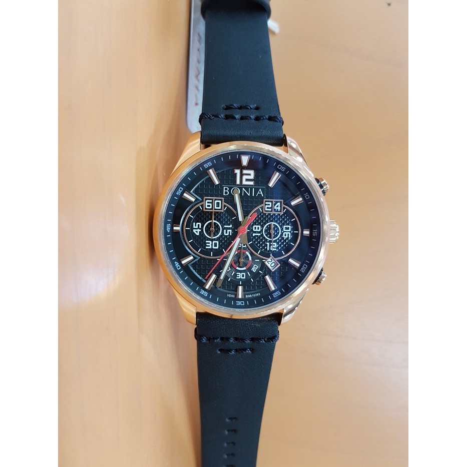 ✅New Sale Bonia Bnb10393-1532C Black Dial Black Leather Men'S Watch Terbaru