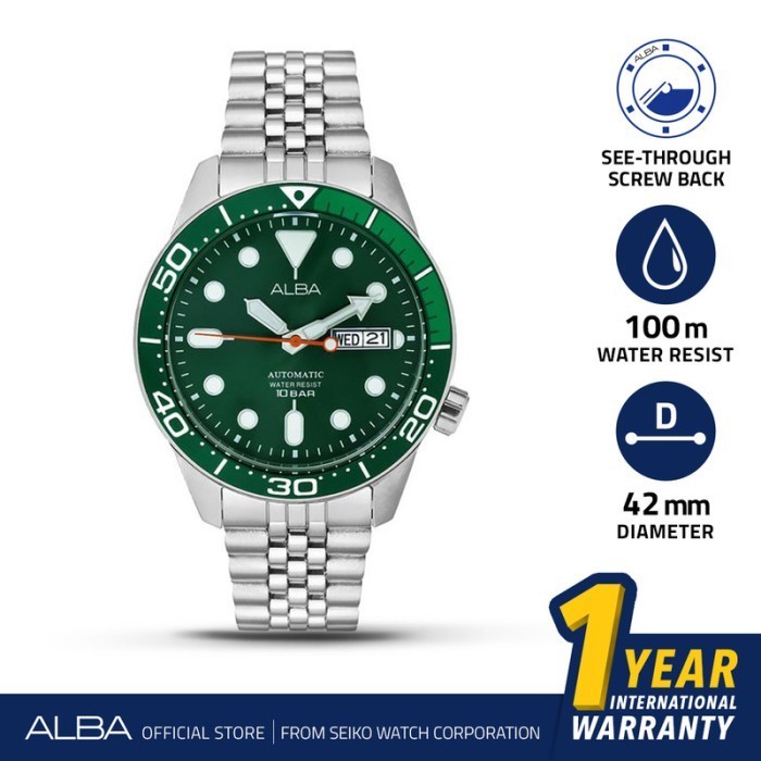 ✅New Ori Jam Tangan Pria Alba Automatic Stainless Green Dial Al4187 Terbatas