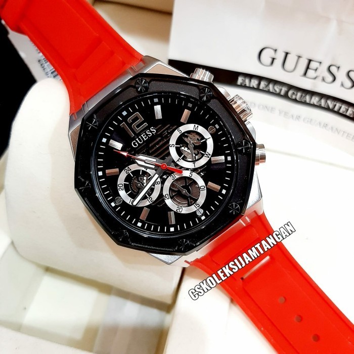 ✅Ori Jam Tangan Pria Guess Gw0263G3 Silver Red Rubber Original Bergaransi Terbatas