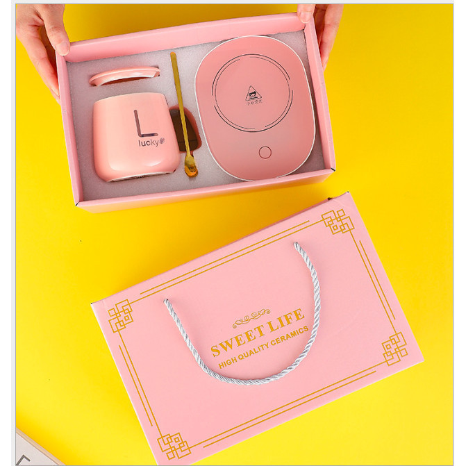 GELAS SET MUG CANGKIR LISTRIK DENGAN PEMANAS ELEKTRIK KERAMIK TEA CUP - PINK