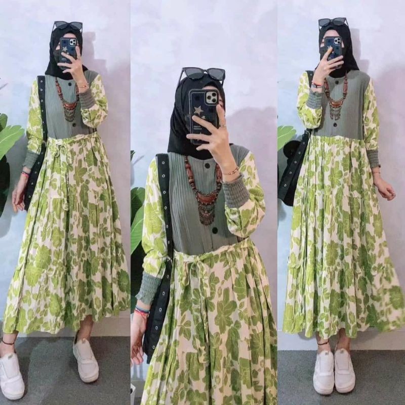 Midi Dress Kaos Knit Premium Kombinasi Rayon Premium