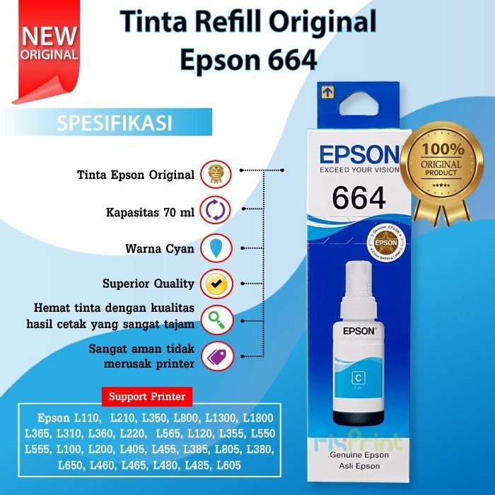 Tinta Epson Original 664 T6641 Black, Tinta Refill Epson L210 L110 Best