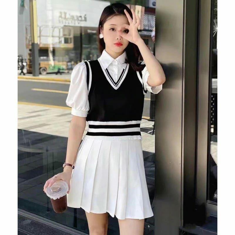 blouse atasan areum || atasan blouse set vest rompi import ( polo rompi )  collar kemeja kerah polos