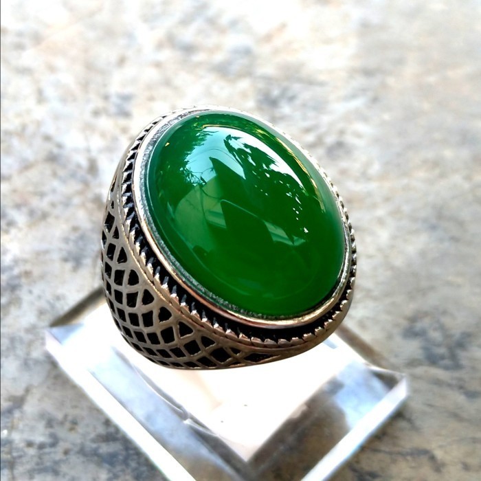 Cincin - Cincin Pria Batu Akik Chrysoprase Hijau Garut Top Green Hq