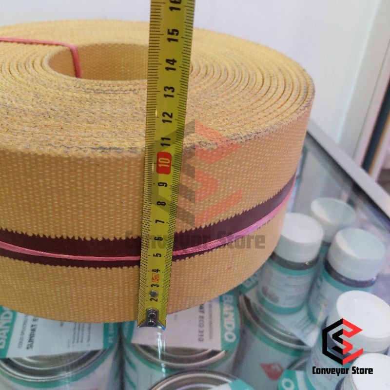Kanvas Conveyor Kuning Strip Merah 4 Inch x 4 Ply