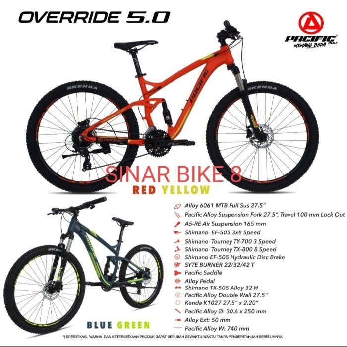 Terlaris Sepeda Gunung 27,5 Inch Mtb Pacific Override 5.0 Alloy Full Suspensi Promo Terbaru