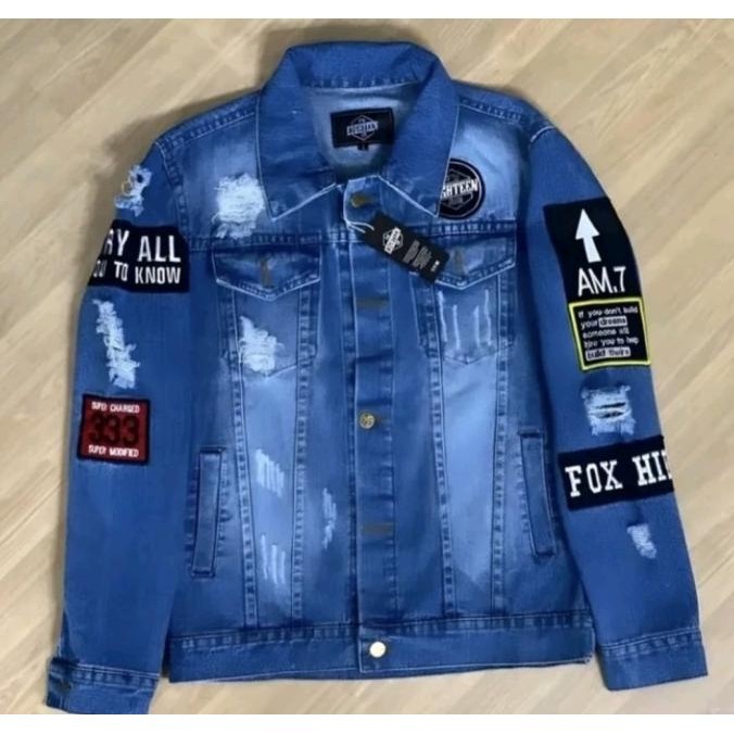 JAKET JEANS DENIM PRIA MOTIF SOBEK EMBELM HIPHOP BORDIR JEANS COWOK