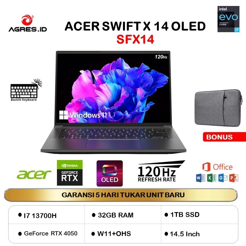 ACER SWIFT X 14 OLED SFX14 I7 13700H RTX4050 6GB/ 32GB 1TB W11+OHS 14.5 2.8K 120HZ 2Y+ADP BLK -71G.70KB
