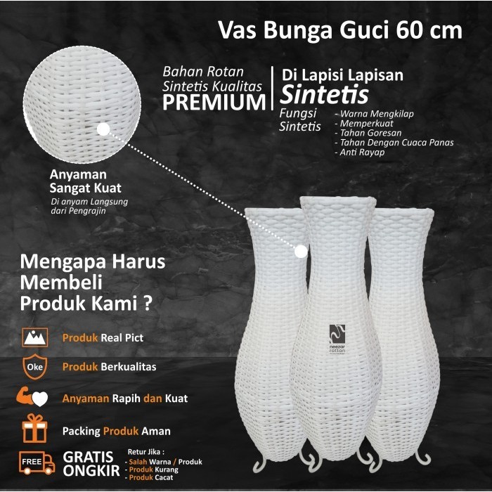VAS POT GUCI TEMPAT BUNGA DARI ROTAN SINTETIS TINGGI 60 CM MURAH