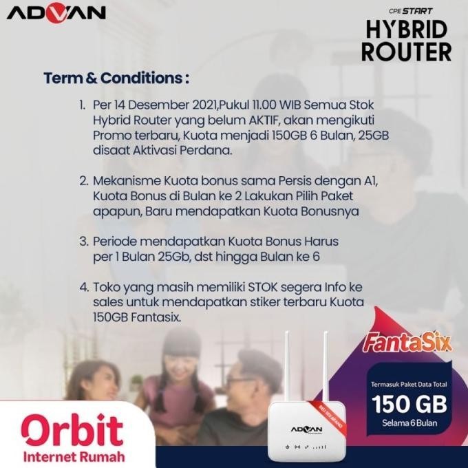 BARANG TERLARIS Telkomsel Orbit Data 150GB Advan CPE Router Modem Wifi Hybrid 300Mbps