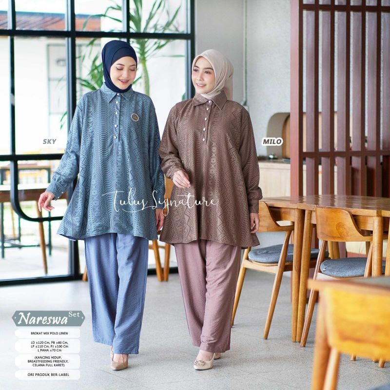 Nareswa Set By Tulus - One Set Jumbo XXL Ld120 Atasan Brokat Mix Linen Dan Celana Pinggang Full Kare
