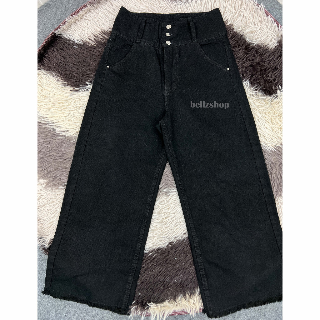 [ONLINE EXCLUSIVE] Celana Kulot Highwaist Jeans 7 9 Wanita Hitam Pekat Rawis Kancing 3 Premium Rosie