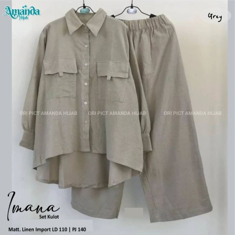 [ONLINE EXCLUSIVE] Imana One Set Setelan Celana Kulot Tunik Polos Putih Katun Linen Ld 110 Jumbo Fit