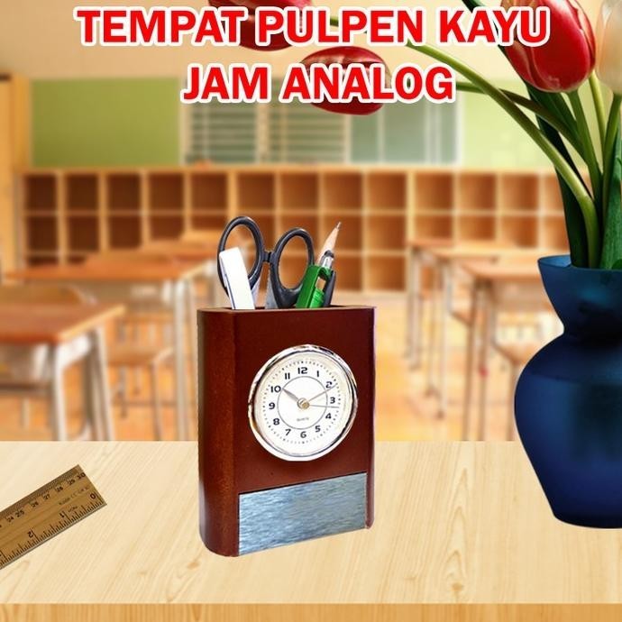 

Tempat Pulpen Pen Holder Kayu Wadah Pen Jam Meja Souvenir Jam Analog