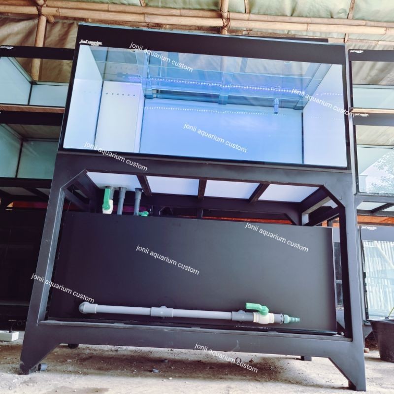 aquarium 100x50x50 10mm full stiker putih set sump filter sistem wet dry and exhaust