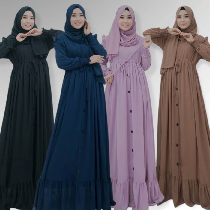 Murah Zalfa Dress - Gamis Muslim Wanita Remaja atau Dewasa Kombinasi Kancing - hijau botol Lebaran E