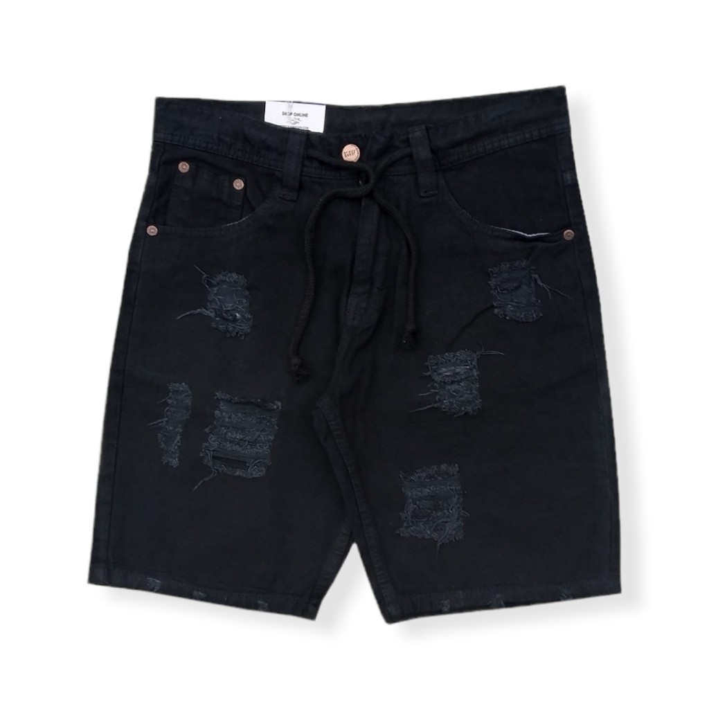 PREMIUM DRILL Celana Sobek Jens Pendek Pria Warna Hitam Celana Pendek Jeans Sobek Sobek Cowo Celana