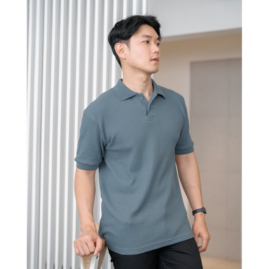 Shibuya Polo Waffle - Kaos Polo Waffle In Stone Blue