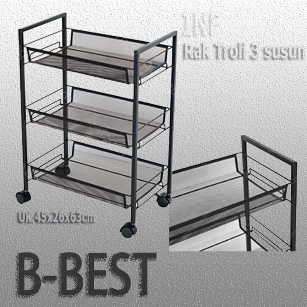 RAK TROLI PENYIMPANAN MAKANAN BERODA 3 SUSUN / RAK TROLLEY HITAM