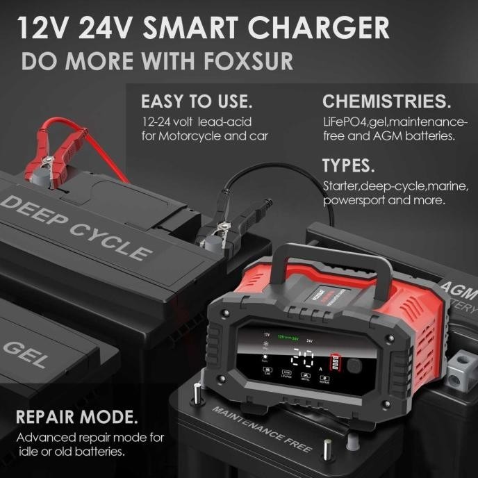 Foxsur Charger Baterai Aki Mobil Motor Portable 20A 300W 12/24V Tariagathastuffs