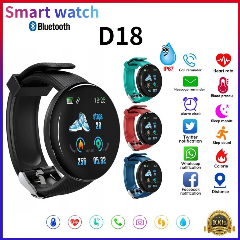 {JAM} SmartWatch D18 Pria Wanita Bluetooth Jam Tangan IP67 Tahan Air Heart Rate Pedometer Pelacak Ke