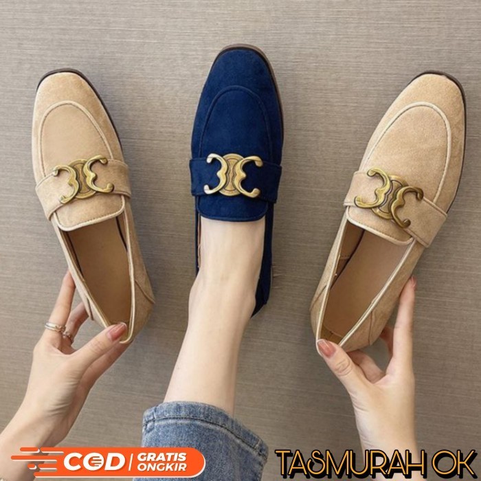 Sepatu Loafers Wanita Suede Bludru Elegan Office Slipon