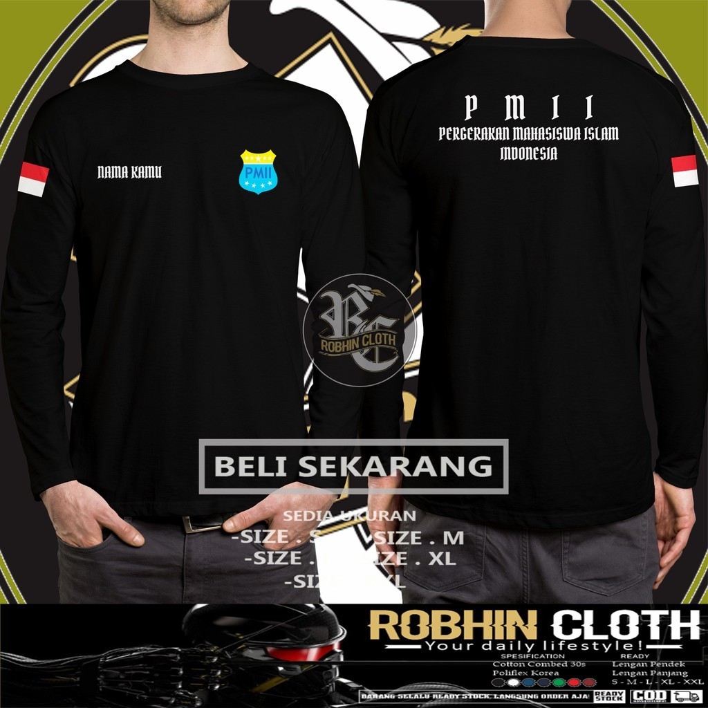 Kaos Baju PMII Pergerakan Mahasiswa Islam Indonesia Gratis Nama Kamu Lengan Panjang DB Kaos Distro